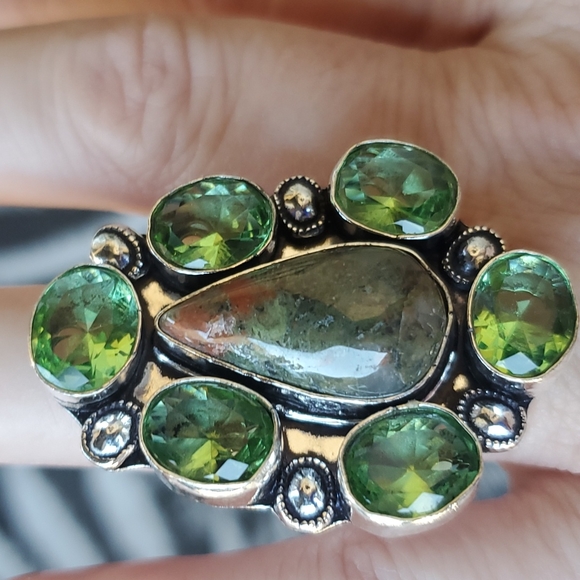 New Unakite and Tsavorite 925 Silver Statement Ring. - Picture 3 of 16